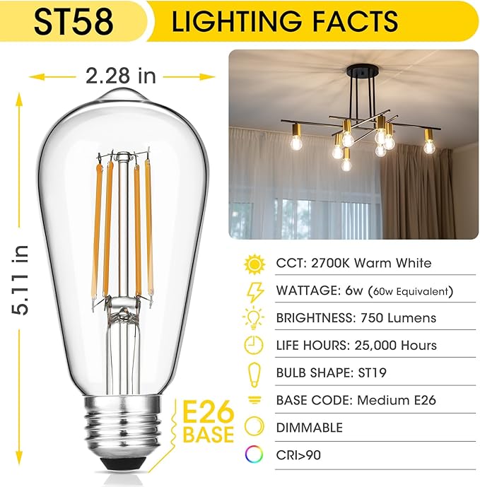 Vintage LED Edison Bulbs, 6W, Equivalent 60W, Dimmable, High Brightness Warm White 2700K, ST58 Antique LED Filament Bulbs with 90+ CRI, E26 Medium Base, Clear Glass, Pack of 16