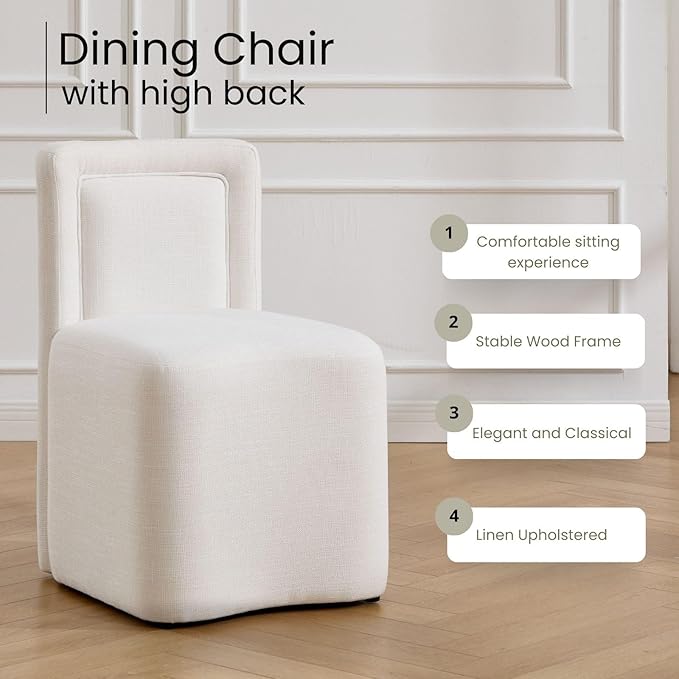 White Upholstered Dining Chairs Set of 2, Armless Modern Linen Dining Chairs with High Back, Kitchen Chair for Dining Room/Restaurant/Living Room