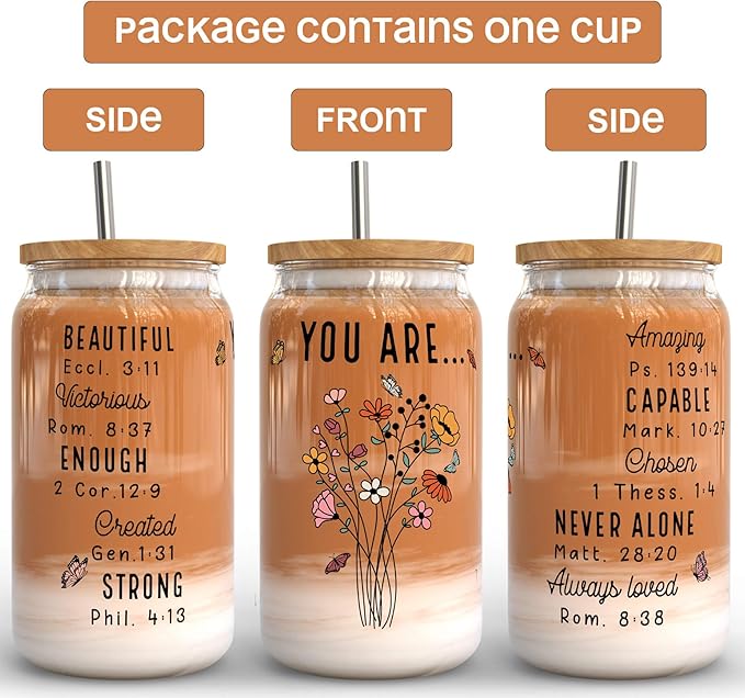 Fancyfams 16 oz Glass Drinking Cup with Bamboo Lid, and Straw, Women of the Bible Drink Cup, Christian, Religious, Mothers Day, Birthday Gifts for Women, Affirmation, Jesus Coffee Jar (You Are)