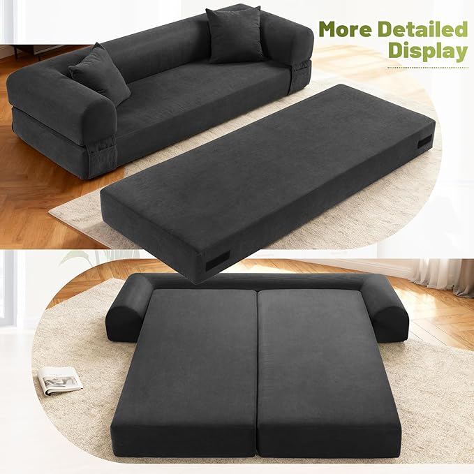 Convertible Futon Sofa Bed,80" Folding Pull Out Couch Bed with Pillows & Storage Pocket, Oversized Queen Sleeper Sofa in a Box,Corduroy Boneless Couch for Living Room,Deep Gray