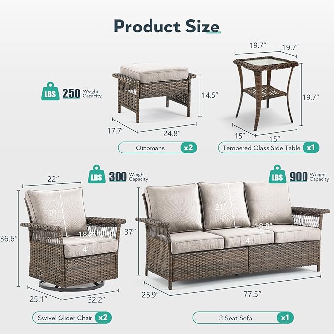 6 Pieces Wicker Patio Furniture Set - Hollow Widen Armrests Outdoor Swivel Glider Chairs and 3 Seat Sofa with Coffee Table & Ottomans for Balcony Porch Deck and Yard - Brown/Beige