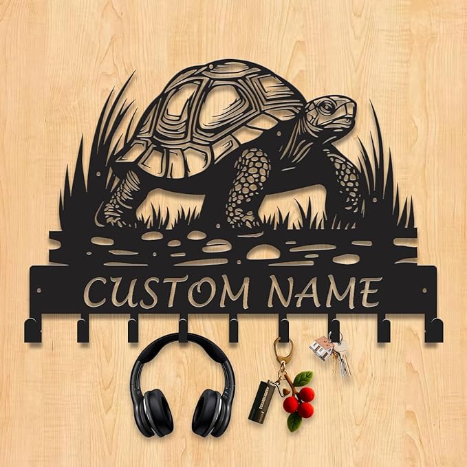 Custom Tortoise Metal Key Holder for Wall, Personalized Family Name Metal Sign with Hooks, Entryway Coat Rack and Organizer for Keys, Leashes, Hats (Style-4)