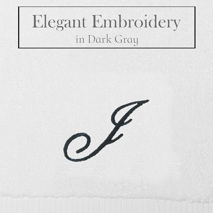 White Monogrammed Hand Towels for Bathroom - Luxury Hotel Quality Personalized Initial Embroidered Towel for Powder Room, Spa - GOTS Organic Certified - Set of 2 Dark Gray Letter J