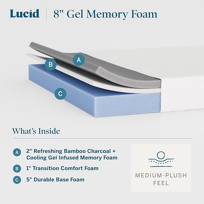 Lucid 8 Inch Memory Foam Mattress - Medium Plush Feel - Infused with Refreshing Bamboo Charcoal and Cooling Gel - Bed in a Box - Temperature Regulating - Pressure Relief - Breathable - King Size