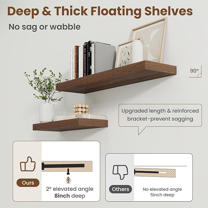 20 Inch Floating Shelves for Wall, 8 Inch Deep Floating Shelf for Storage & Display, Rustic Wall Mounted Shelf with Invisible Brackets for Living Room, Kitchen, Bathroom, Home Decor, Set of 2, Walnut
