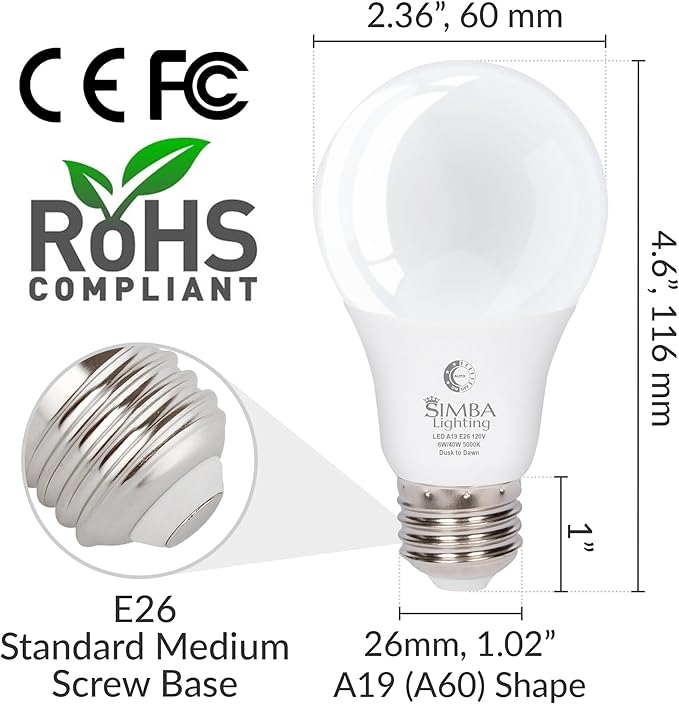 Simba Lighting LED Outdoor Light Bulbs with Photocell Sensor Dusk to Dawn Smart Auto On and Off (4 Pack) A19 6W 40W Replacement for Porch, Night Light, Garage Door, E26 Medium Base, 5000K Daylight