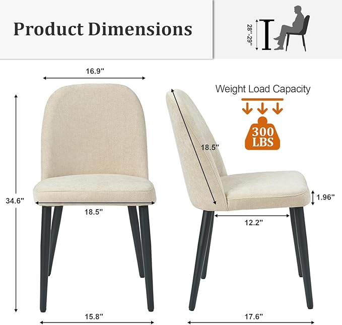 Upholstered Dining Chairs Set of 4, Mid Century Modern Fabric Dining Room Chair High-Back Padded Kitchen Chairs with Padded Seat and Metal Legs for Kitchen Dining Room Restaurant Cafe, Beige