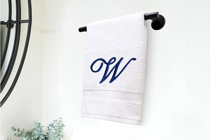 White Monogrammed Hand Towels for Bathroom - Luxury Hotel Quality Personalized Initial Embroidered Towel for Powder Room, Spa - GOTS Organic Certified - Set of 2 Navy Letter W