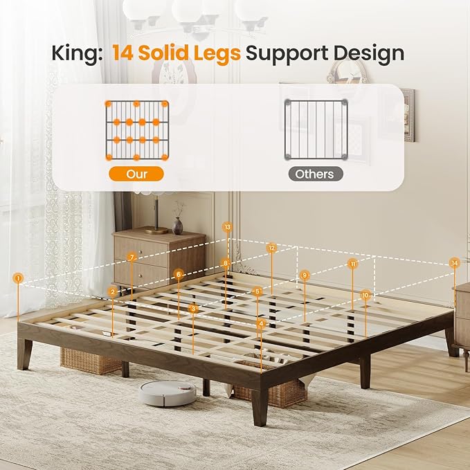 King Size Wood Platform Bed Frame, 12 Inch Solid Wood Bed Frame with Wooden Slats, No Box Spring Needed, Easy Assembly,Espresso