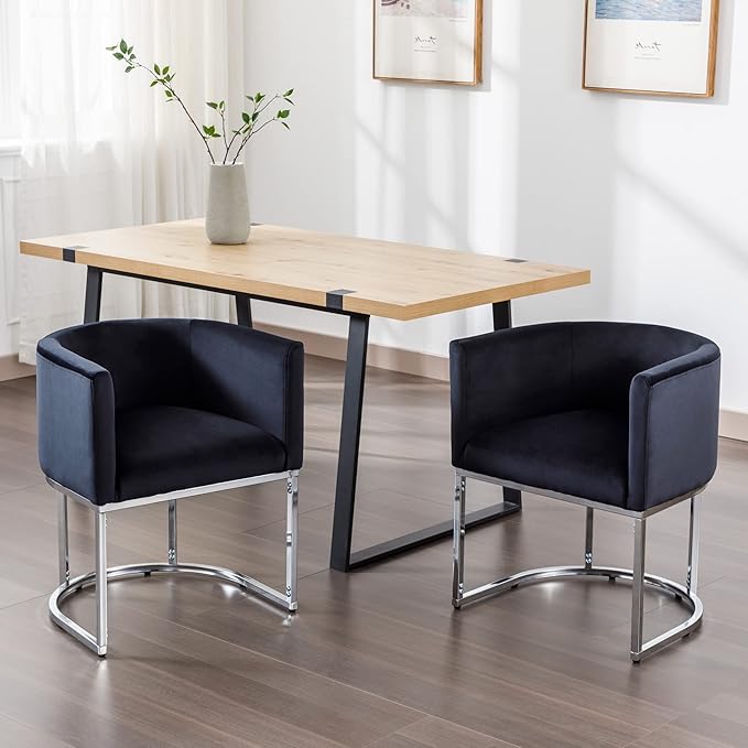 Velvet Dining Chairs Set of 2 Modern Barrel Arm Chairs with Chrome Metal Frame, Upholstered Kitchen Chairs 18.5" Wide Accent Chairs for Living Room Dining Room Restaurant, Black