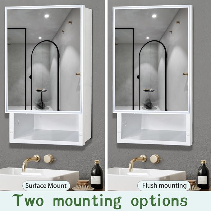 Plastic Medicine Cabinet with Mirror 16x26 inch, Recessed Medicine Cabinet or Surface Wall Mount Bathroom Cabinets with Removable Shelves, White Framed Mirror Cabinet