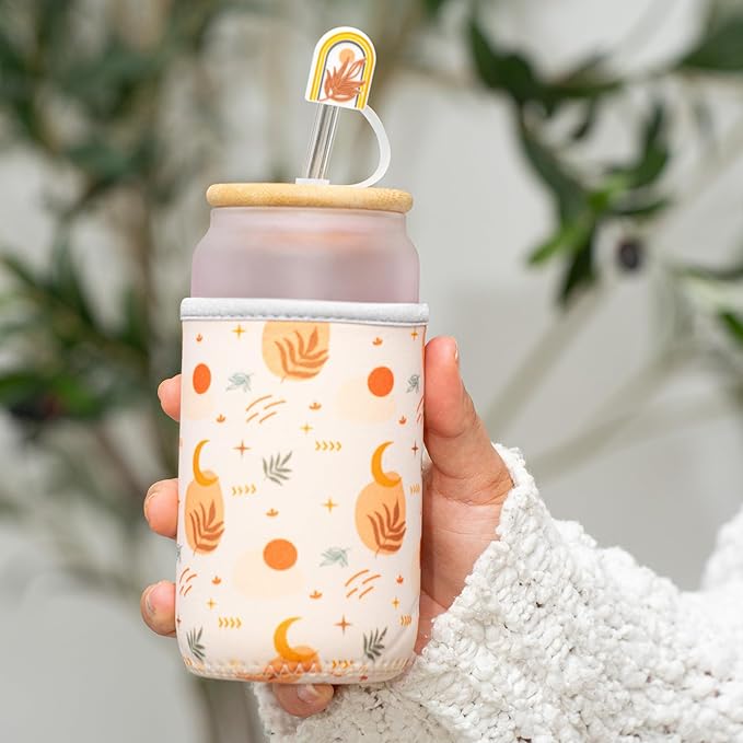 Boho Gifts for Women - Cute Design Glass Cup with Lid and Straw, Customized Stopper and Insulated Cup Sleeve for Iced Coffee and Smoothies. Giftable Unique Tumbler Cups for Women