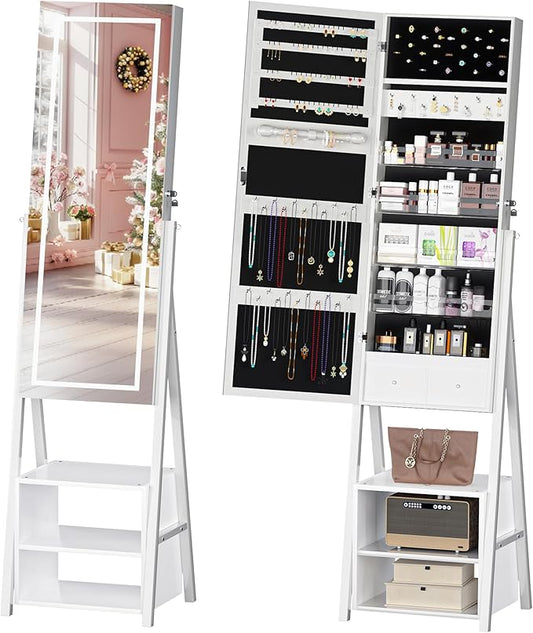 VECELO Jewelry Cabinet with Lights, 63" Full Length Mirror with Jewelry Storage, Lockable Standing Jewelry Mirror Cabinet, 3 Colors Mode, Powered By USB, White