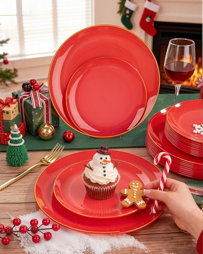 PULOTE 100PCS Red Plastic Plates Disposable Heavy Duty - Include 50 Dinner / 50 Dessert Plates for Party & Christmas