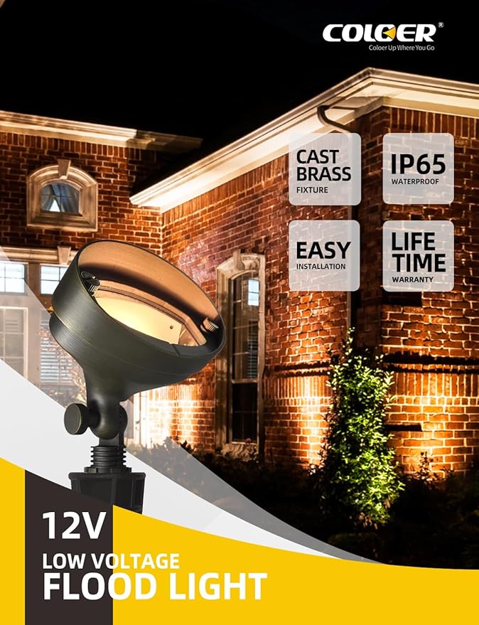 COLOER Die-cast Brass LED Landscape Flood Lights Outdoor 6-Pack with Bulb, 2W 9-17 Volt Low Voltage Wall Wash Lighting, Outdoor Floodlight for Illuminating Signs, Walls and Plant Material(501B)