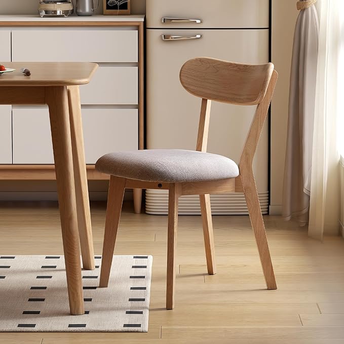 100% Solid Wood Upholstered Dining Chairs, Mid Century Modern Oak Dining Chairs with Curved Back Design with Butterfly Wing Shape for Kitchen, Dining Room, Restaurant (1PK, Log Color-Gray Cushion)