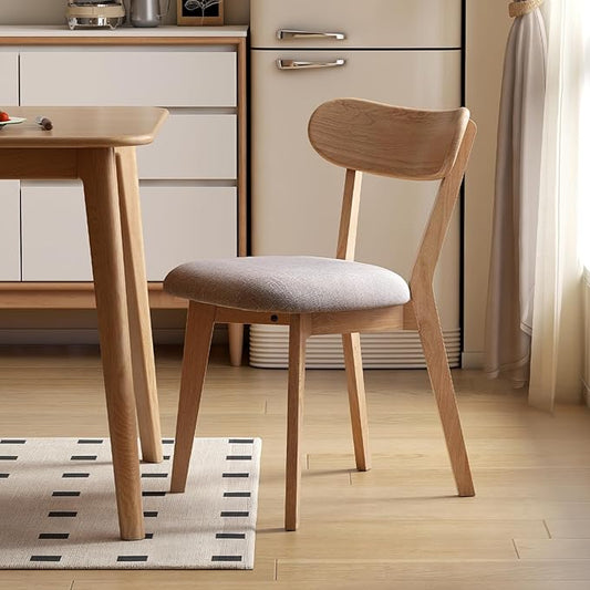 100% Solid Wood Upholstered Dining Chairs, Mid Century Modern Oak Dining Chairs with Curved Back Design with Butterfly Wing Shape for Kitchen, Dining Room, Restaurant (1PK, Log Color-Gray Cushion)
