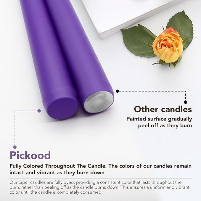 New Burning Formula Unscented Dripless 12-Inch Taper Candles Set of 12 - Purple, for Wedding, Dinner - Smokeless, Long Burning - Hand Poured, Colored Tall Candlesticks - Púrpura