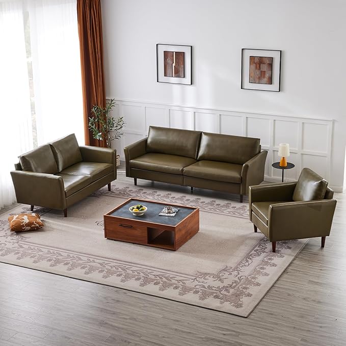 Kingfun Faux Leather 3 Seat Couch Set for Living Room, Mid Century Modern Sofa with Rolled Arms and Deep Seats, Fluffy Comfort for Apartment, Easy to Assemble, Olive Green