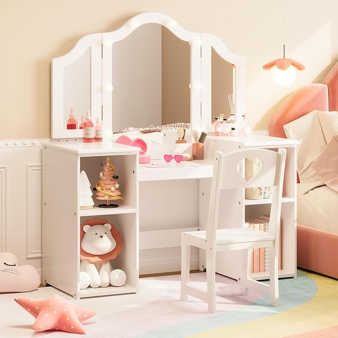 GarveeHome Kids Vanity with Lights Storage Cabinet & Touch Light Detachable Tri-Folding Mirror, 2 in 1 Toddler Vanity Table & Chair Set Wooden Girls Vanity Dress Table for Girls