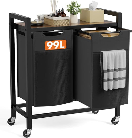 Sweetcrispy Laundry Hamper with 2 Pull-Out Removable Sorter Bags, Movable Wheels, Freestanding Clothes Basket Organizer in Bathroom, 2 × 13.1Gal (99L) Capacity, Rustic Brown and Black