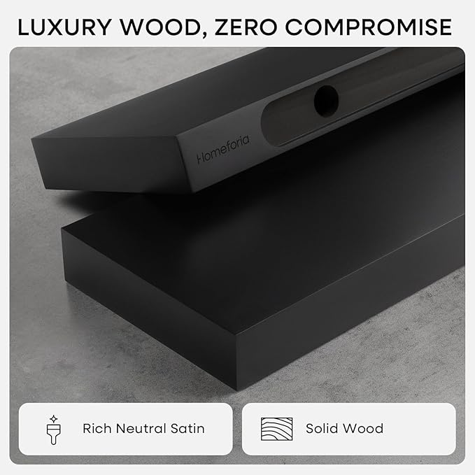 Homeforia Black Floating Shelf 18 inch, High End Solid Real Wood 18inch Bathroom Floating Shelves for Wall Mounted, Black Wooden 18in Floating Shelves, Heavy Duty Bracket, 18 X 6.5 X 1.75 in, Set of 4