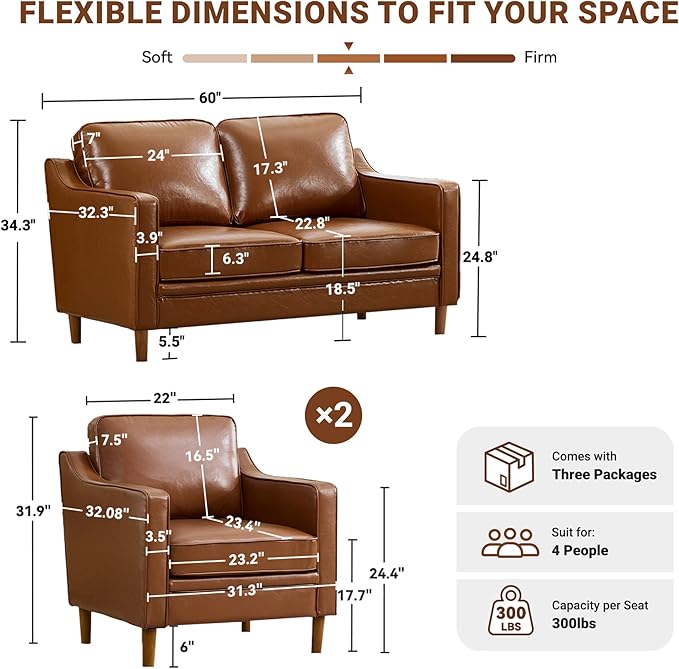Kingfun Living Room Furniture Sets, 2 Armchair and Loveseat, Mid Century Modern Sofa Set, Faux Leather Couch with Solid Wood Frame for Living Room & Bedroom, Dark Brown