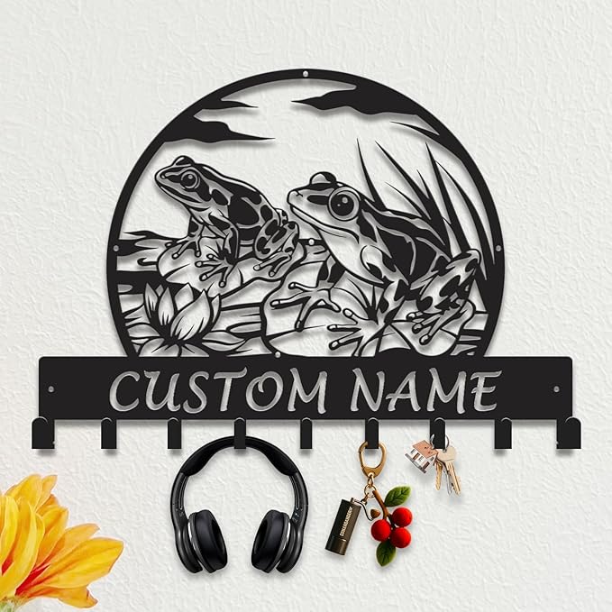 Custom Frog Key Holder for Wall Entryway, Personalized Metal Name Sign with Hooks Coat Rack & Dog Leash Holder, Decorative Wall Hanger Organizer (Style-3)