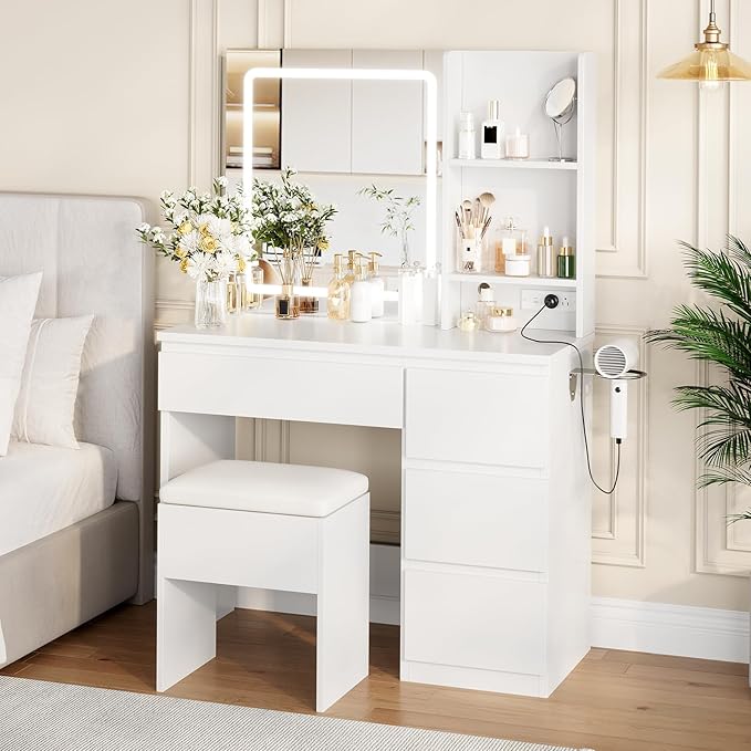 GarveeHome Vanity Desk with Mirror and Lights - Modern Makeup Dressing Table with Outlets, Storage Stool, 4 Drawers & Hair Dryer Holder - 3 Colors LED Vanity Mirror, Vanities for Bedroom, White