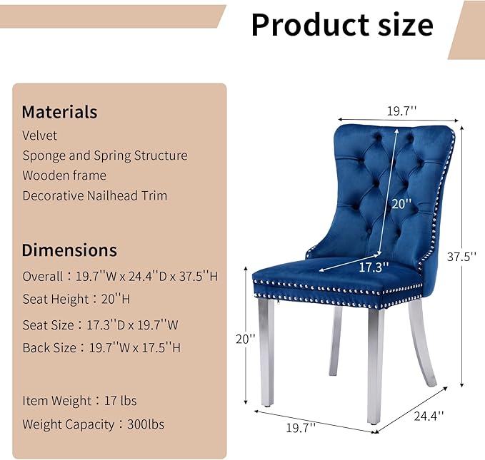 Luxury Upholstered Dining Chairs Set of 2, Blue Kitchen Chair with Silver Metal Legs, Velvet Tufted Back Dining Chair, Sillas de Comedor, Modern Kitchen & Dining Room Chairs (Blue, 2 Pcs)