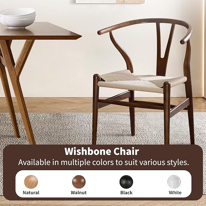 Wishbone Chair Natural Solid Wood Dining Chair/Hans Vegner Y Chair Rattan and Wood Accent Armrest Chairs (Ash Wood - Walnut)