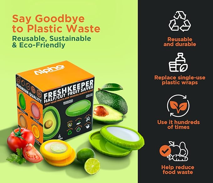 Avocado Saver & Onion Storage –Set of 4 BPA-Free Food Containers with Silicone Lids – Reusable Fruit and Veggie Savers, Fresh Pods for Food – Perfect for Tomato Holder, Garlic, Lemon & More