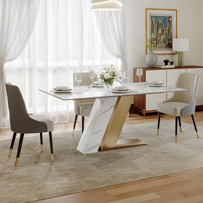 POVISON 71" Modern Dining Table for 6, Luxury Rectangle Dining Table Sintered Stone Dining Tabletop with Z-Shaped Stainless Steel Pedestal for Dining Room, Living Room (Table Only)