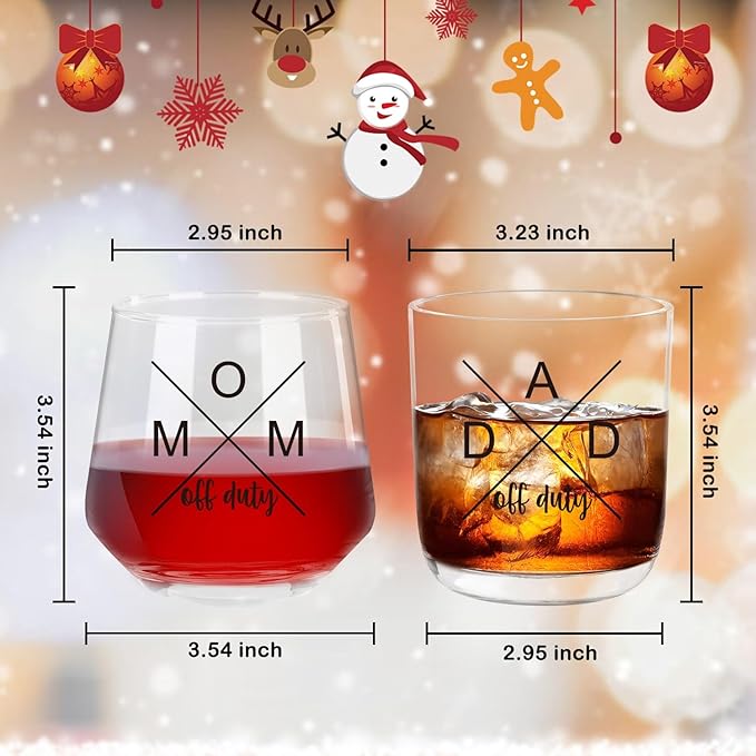 Ithmahco Parents Christmas Gifts, Mom Off Duty Dad Off Duty Wine and Whiskey Glass Set, First Time Parent Gifts, New Parents' Gift For Couples, Best Gift for expecting Mother and Father