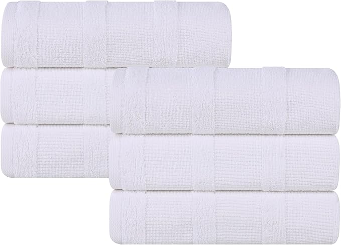 Superior Roma Cotton Hand Towels, Set of 6, Highly Absorbent, Ribbed Design, Quick-Dry, Shower, Spa, Kitchen Basics, Bathroom Essentials, Medium Weight Towels, Solid, 6 Pack, White