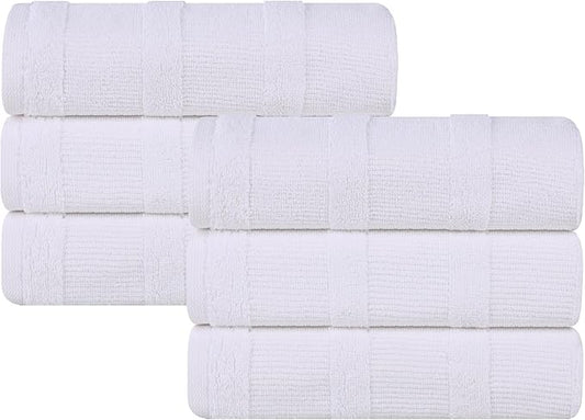 Superior Roma Cotton Hand Towels, Set of 6, Highly Absorbent, Ribbed Design, Quick-Dry, Shower, Spa, Kitchen Basics, Bathroom Essentials, Medium Weight Towels, Solid, 6 Pack, White