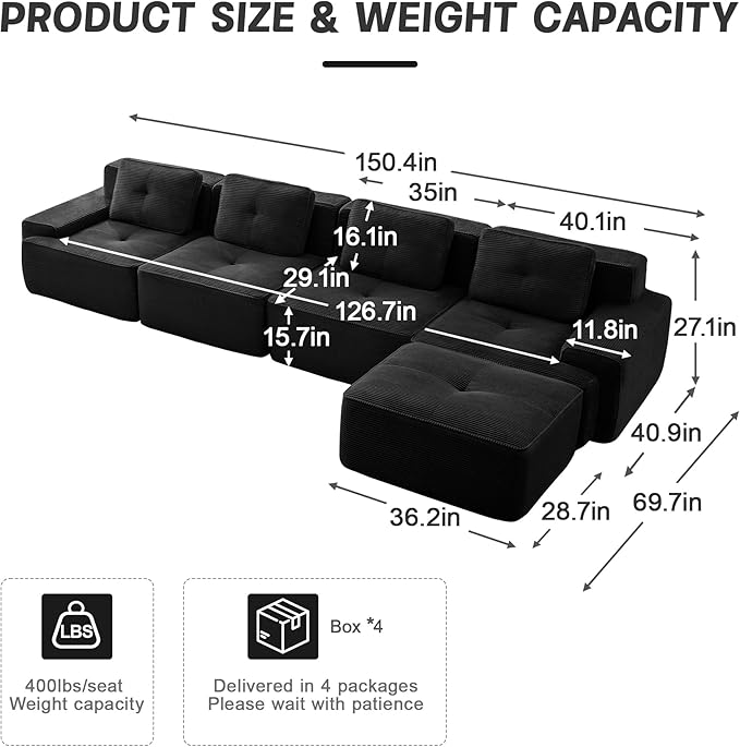 150" Modern Compressed Boneless Couch with Ottoman, 4 Seater Large L Shaped Sectional Couches for Living Room, Black Corduroy Cloud Modular Sectional Sofa, Memory Foam, Extra Deep, No Assembly