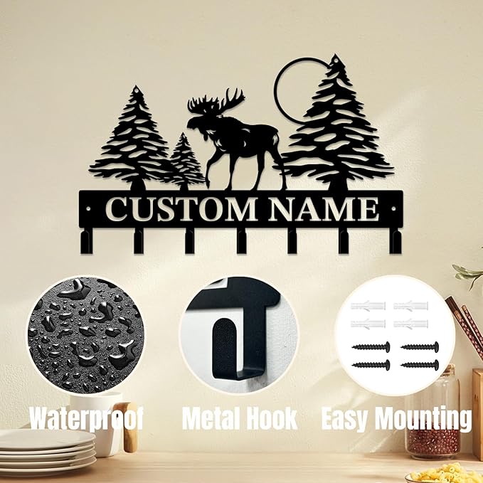Personalized Custom Name Forest Deer Wall Keys Hooks,Metal Forest Deer Art Clothes Hooks,Metal Forest Deer Wall Home Storage Decorative,For Front Door, Hallway, Kitchen, Bedroom,Keys,Hats (Style C)