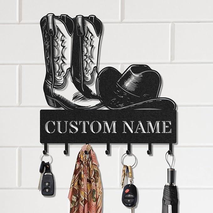 Personalized Key Holder for Wall, Custom Metal Cowboy Key Hooks with Name, Meta Jacket Holder Hooks Organizer Rack, Jacket Hanger Decor for Kitchen, Entryway, Hallway, Office, Doorway