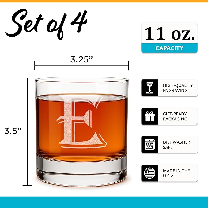 (E-Monogram)- 4 Piece Set of 11 Ounce Engraved Heavy Base Rocks Glasses Elegant Glass-Multi-Purpose Beverage-Rocks Glass- Gift for any Occasion- By: On The Rox
