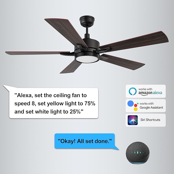 CEME 56" Ceiling Fan with Light and Remote, 10 Speeds Reversible DC Motor Outdoor Ceiling Fan, 3 Light Colors Dimmable, Compatible with Alexa, Siri & Google Home, Dark Walnut & Reddish brown