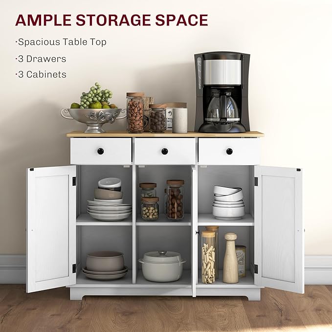 HOMCOM Sideboard with Solid Wood Countertop, Modern Kitchen Storage Cabinet, Coffee Bar Cabinet with 3 Drawers, Doors and Adjustable Shelf, Distressed White