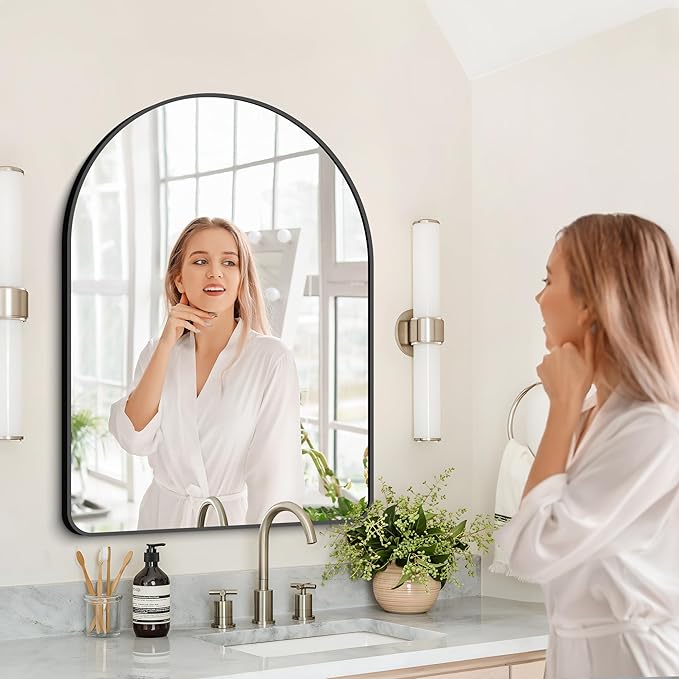 GLASHOM 30"x40" Black Arched Mirror - Wall Mounted, Aluminum Alloy Brushed Framed, Anti-Rust, Large Mirror for Over Sink, Bedroom, Entryway