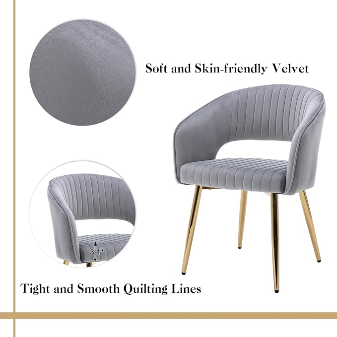 Modern Velvet Dining Chairs Set of 4, Upholstered Gold Dining Room Chairs with Hollow Back and Gold Legs, Accent Armrest Kitchen Chairs for Living Room Reception Grey