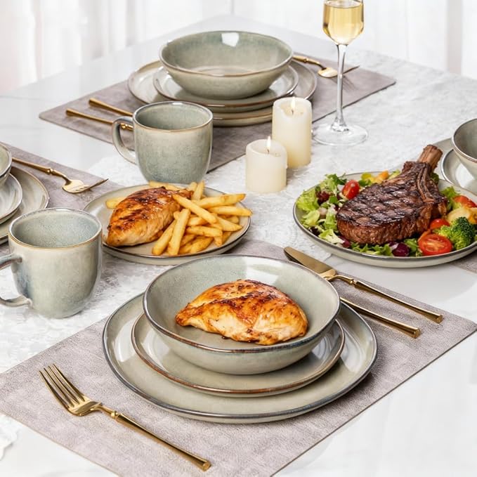 AmorArc Ceramic Dinnerware Sets of 8,Handmade Reactive Stoneware Glaze Plates and Bowls Sets,Highly Scratch Resistant | Dishwasher & Microwave Safe,Service for 8 Dishes Set (24pc)