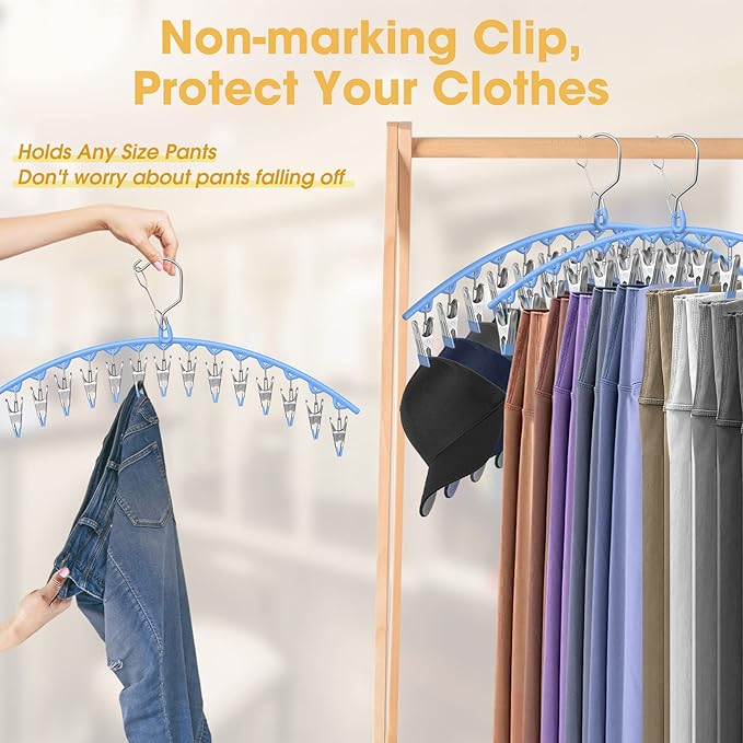 Upgrade Skirt Pants Hangers with Clips, Metal Pants Legging Organizer for Closet Holds 30 Leggings/Shorts/Jeans/Skirts Pant Hangers Space Saving Hanging Closet Organizers Shorts Hanger, Blue 2Pack