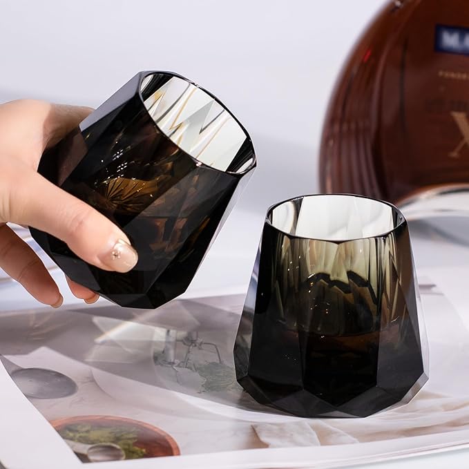 KAMMAK Crystal Whiskey Glasses Set of 2, 5.3oz Old Fashioned Glasses Stemless, Hand Blown Colored Cocktail Glasses, Engagement Gifts for Couples, Women, Men