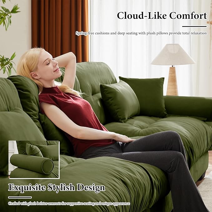 166" Oversized Couch, 4 Seater Modular Sectional Sofa, Olive Large L Shaped Sectional Couches for Living Room, Velvet Cloud Couch with Ottoman, L Shaped