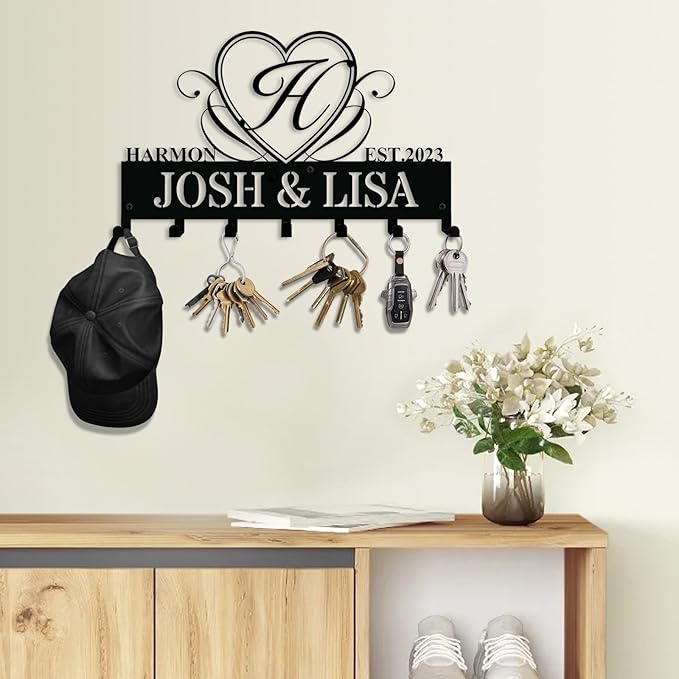 Personalized Monogram Key Holder, 7-Hook Metal Wall Key Rack with Name Sign - Entryway Organizer, Rustic Housewarming Gift