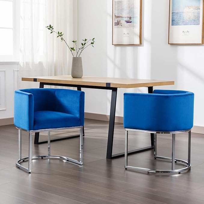 Velvet Dining Chairs Set of 6 Modern Barrel Arm Chairs with Chrome Metal Frame, Upholstered Kitchen Chairs 18.5" Wide Accent Chairs for Living Room Dining Room Restaurant, Blue